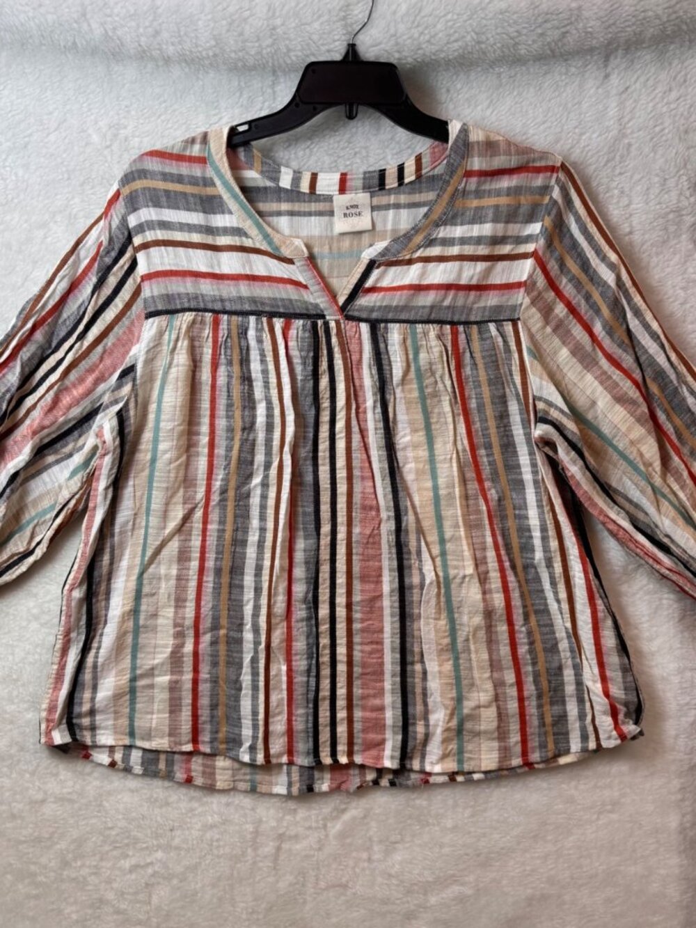 Knox Rose size XL striped boho cotton blend woven v-neck blouse multicolored